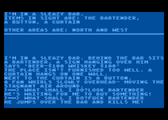 Softporn Adventure (Atari 8-bit) screenshot: Don't f@#$ with the bartender!