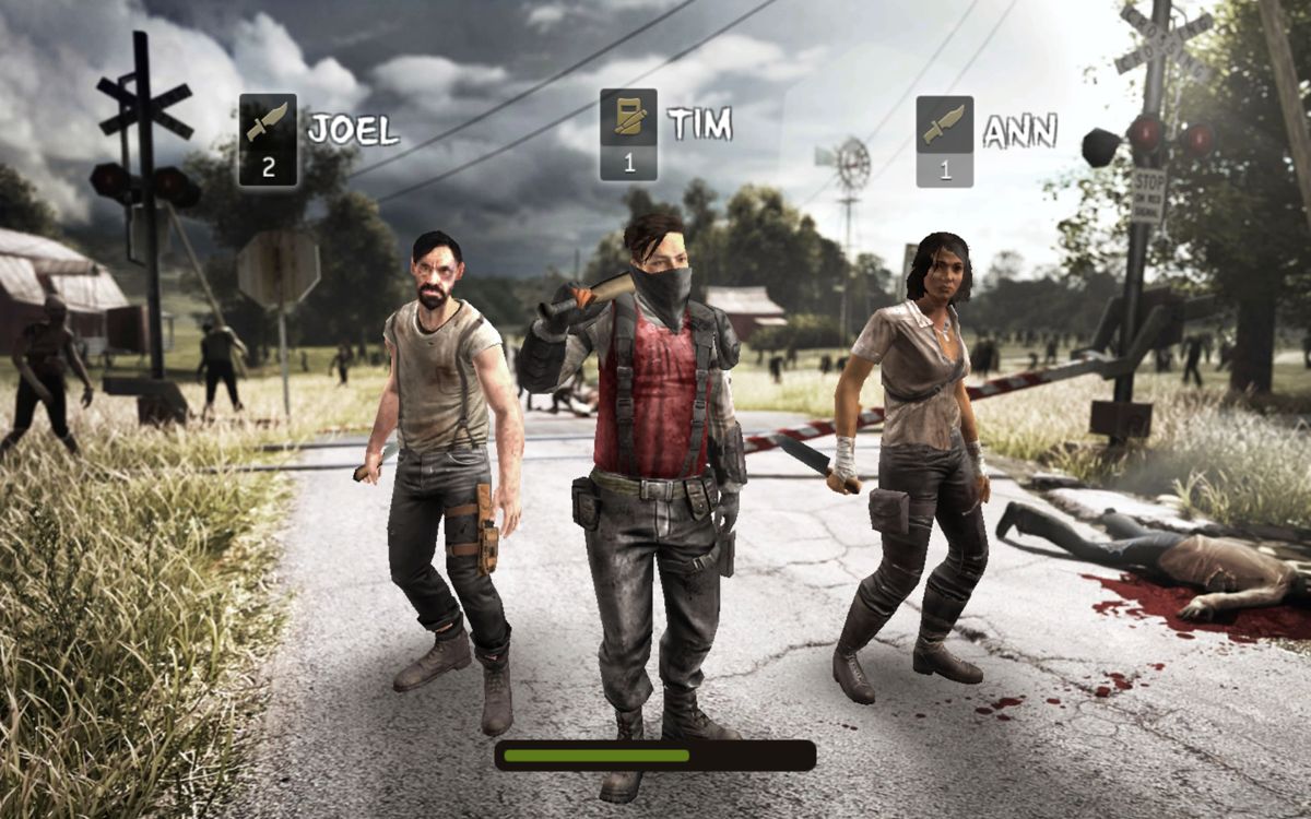 The Walking Dead: No Man's Land (Android) screenshot: Loading screen for a mission with the selected team members.