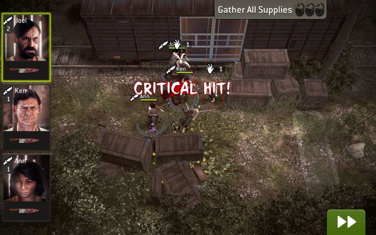 The Walking Dead: No Man's Land (Android) screenshot: A critical hit during a fight against some walkers
