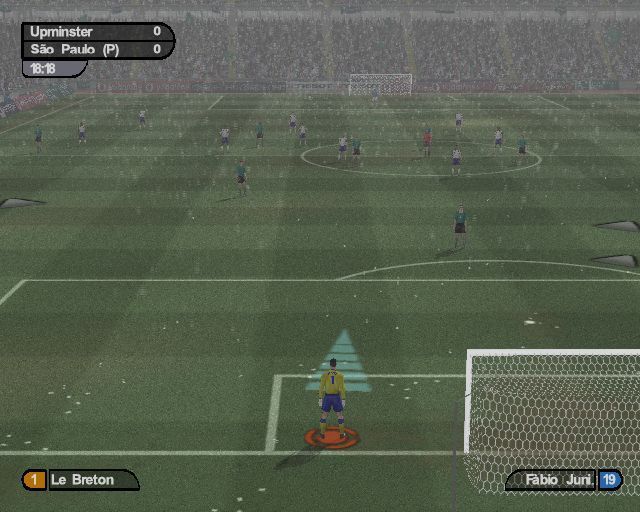 World Tour Soccer 2002 (PlayStation 2) screenshot: An Upminster goal kick<br>Being in control of the weather conditions means it's possible to play in Sao Paulo, or anywhere else, in the snow
