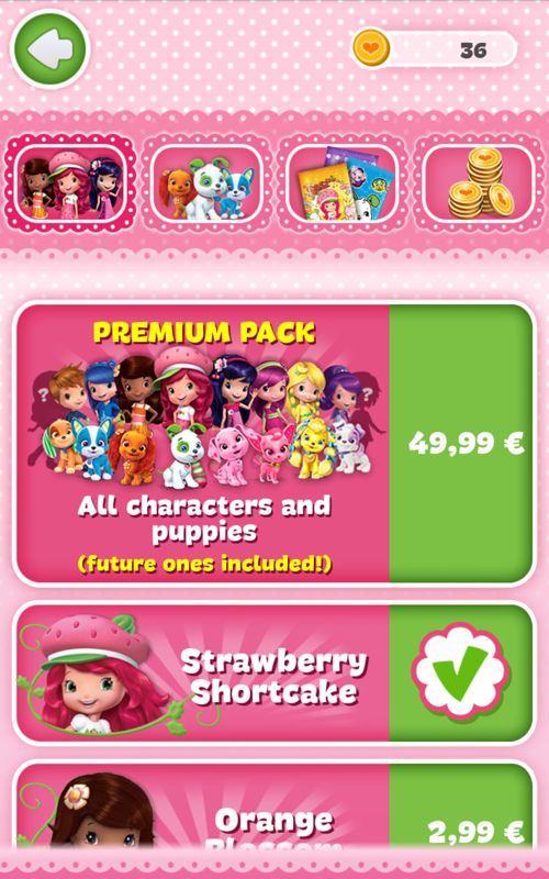 Strawberry Shortcake: Berry Rush (Android) screenshot: In-app purchases for characters and puppies