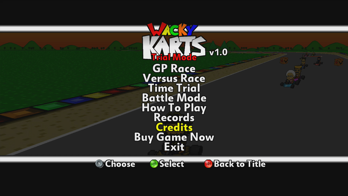 Wacky Karts (Xbox 360) screenshot: Main menu (Trial version)