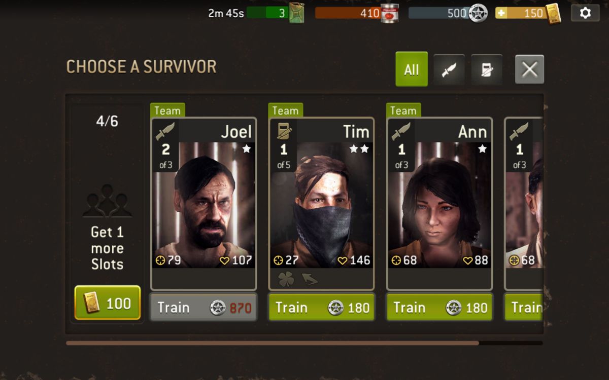 The Walking Dead: No Man's Land (Android) screenshot: Team management screen