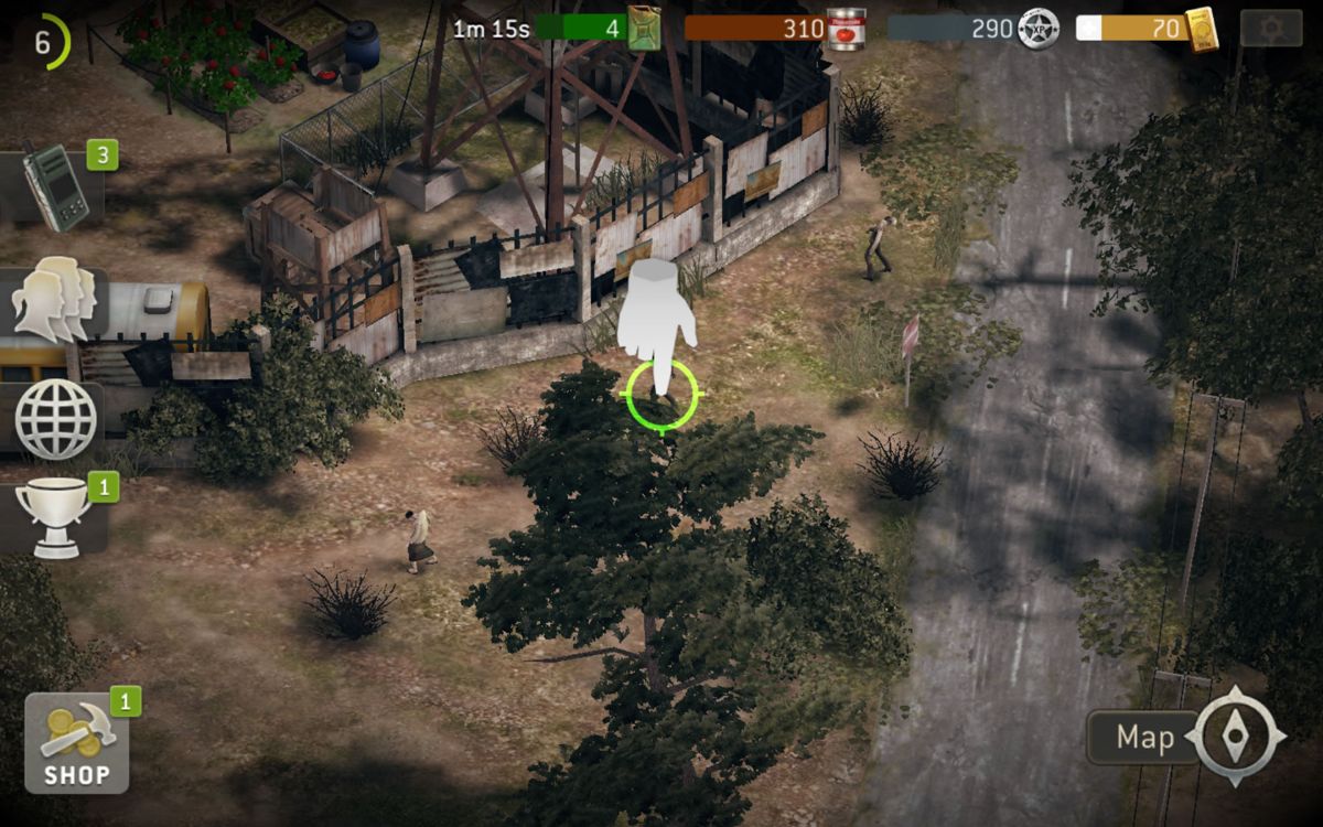 The Walking Dead: No Man's Land (Android) screenshot: Sometimes walkers appear outside the main camp and they can be tapped to kill them.