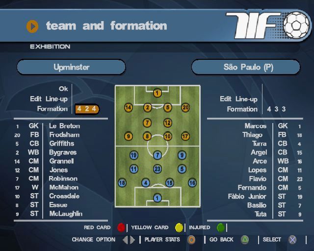 World Tour Soccer 2002 (PlayStation 2) screenshot: Setting up an exhibition match. After selecting their team, in this case Upminster, the player sets the team formation and the squad