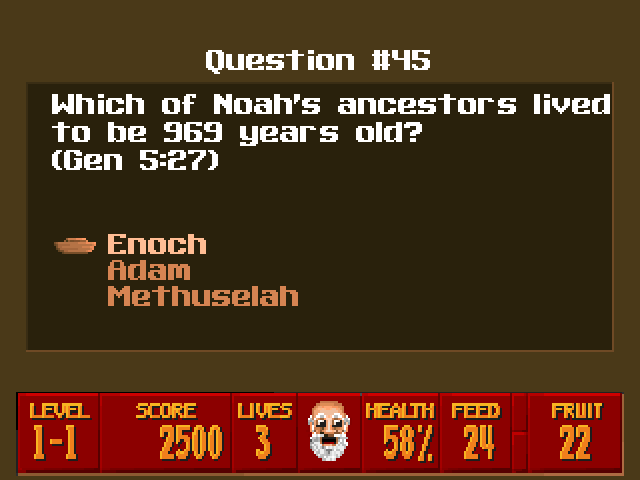 Super Noah's Ark 3-D (Windows) screenshot: When you find a scroll, you answer a Bible trivia question for health and points.