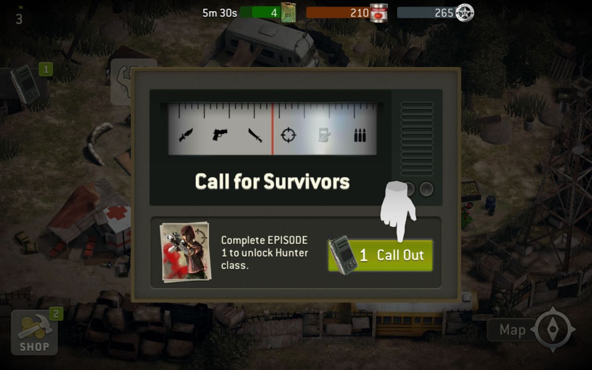 The Walking Dead: No Man's Land (Android) screenshot: Radios are used to call out for new survivors.