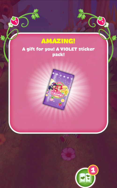 Strawberry Shortcake: Berry Rush (Android) screenshot: A violet sticker pack has been found.
