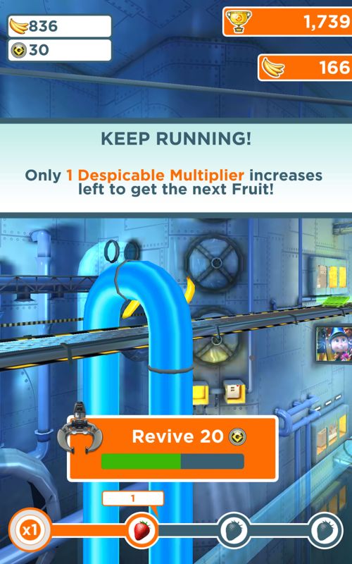 Despicable Me: Minion Rush (Android) screenshot: My minion crashed into the barrier in a side-scrolling section. If you spend 20 tokens you can still continue the level.
