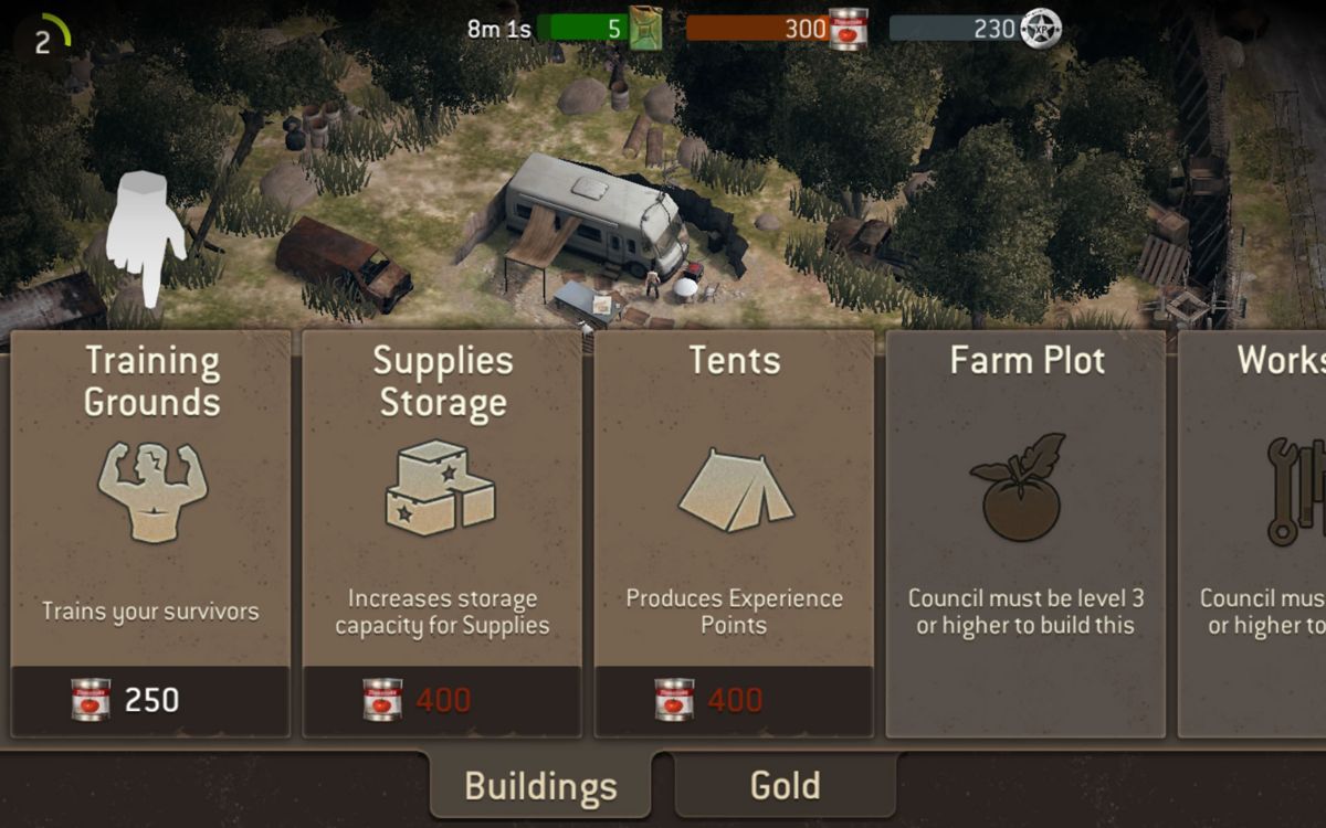 The Walking Dead: No Man's Land (Android) screenshot: Each building requires an amount of supplies.