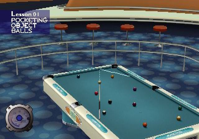 Q-Ball Billiards Master (PlayStation 2) screenshot: The dial in the lower left is the power meter. Shot taking is performed using the CIRCLE button