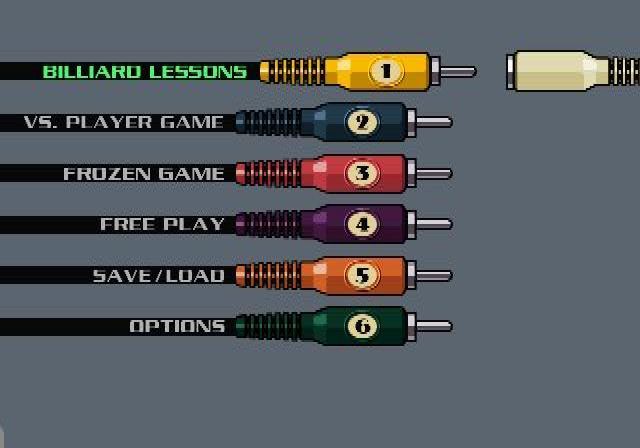 Q-Ball Billiards Master (PlayStation 2) screenshot: The game's main menu<br>The 'cable' on the right connects to the selected option.