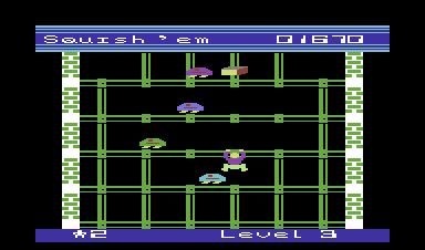 Squish 'em (Commodore 64) screenshot: About to squish a creepy creature...