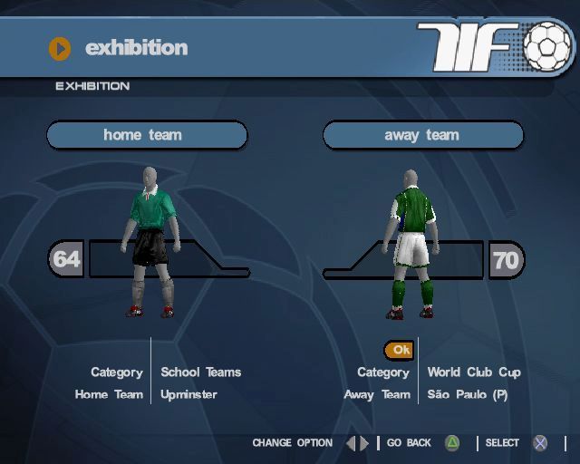 World Tour Soccer 2002 (PlayStation 2) screenshot: Setting up an exhibition match. The player first selects the category, then the team, then selects OK to confirm. This is done for both teams