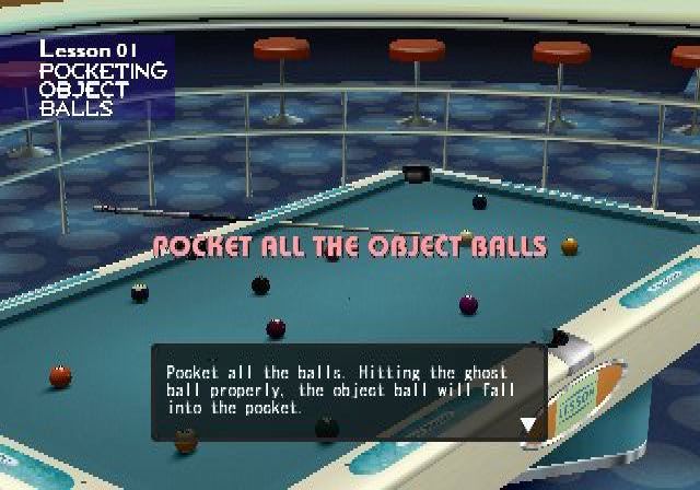 Q-Ball Billiards Master (PlayStation 2) screenshot: Lesson one of the training program is simple, pocket all balls. Hope they don't mean pot all balls with one shot!