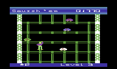 Squish 'em (Commodore 64) screenshot: Resurrected monsters are white and unsquishable.