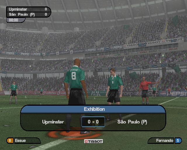 World Tour Soccer 2002 (PlayStation 2) screenshot: The kick off<br>The on screen information is clear and well displayed