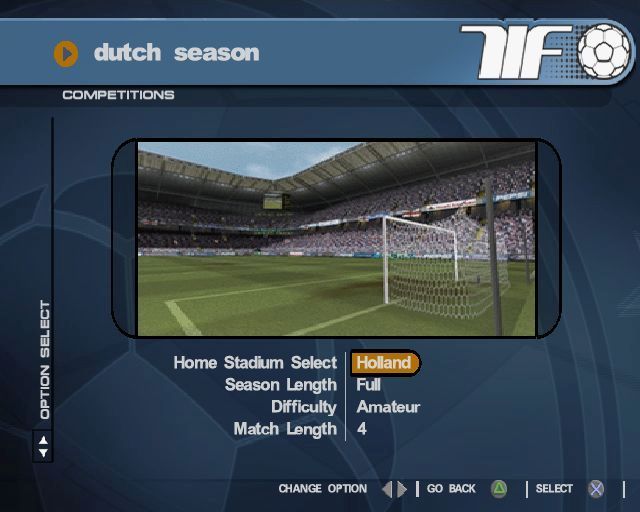 World Tour Soccer 2002 (PlayStation 2) screenshot: Playing the Dutch season<br>The games are played in a national stadium, there's no representation of every club's ground. Thee are four difficulty levels and games can be full or half season