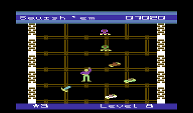 Squish 'em (Commodore 64) screenshot: Lots of weird monsters.