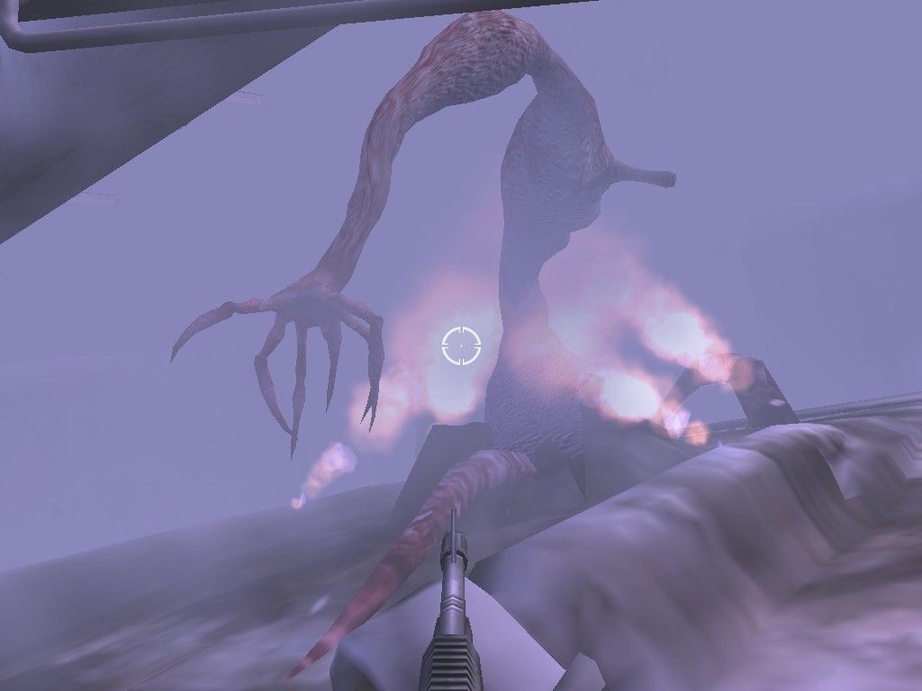 The Thing (Windows) screenshot: The Cloud B4 is so huge you can't fight it with handheld weapons. Fortunately, a helicopter shows up to help you out, and you jump behind the chopper's mounted machine gun for a rail-shooter level