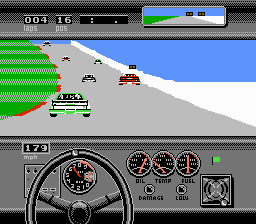 Bill Elliott's NASCAR Challenge (NES) screenshot: Left turn on 31 degree banking in Daytona track