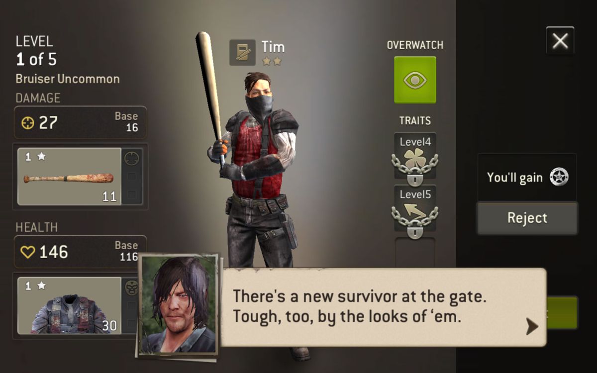 The Walking Dead: No Man's Land (Android) screenshot: Tim arrives and can be recruited.