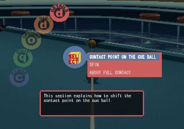 Q-Ball Billiards Master (PlayStation 2) screenshot: The in-game pause menu allows the player to control the exact point at which the cue will connect with the ball<br>Other options are available, each coloured circle expands into a mini menu