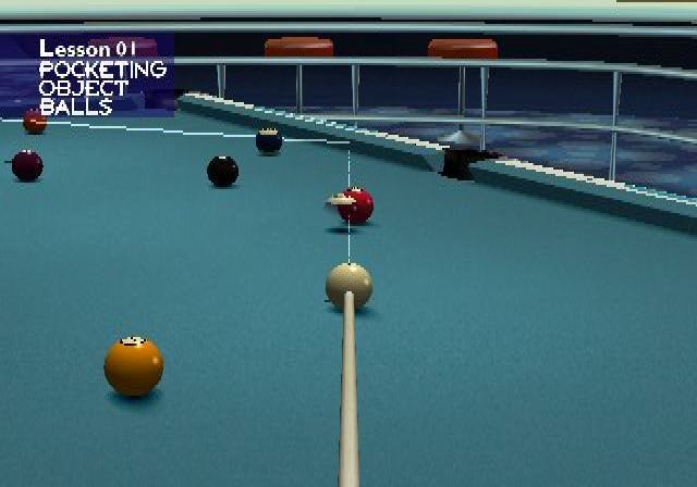 Q-Ball Billiards Master (PlayStation 2) screenshot: The training program uses a 'ghost ball' to aid the player