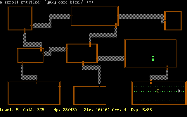 Rogue Clone (DOS) screenshot: Yuky ooze blech? Now What a wondrous scroll... (Rogue Clone IV)