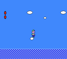 Super Mario Bros. 2 (NES) screenshot: Luigi takes a long ride on a short egg.