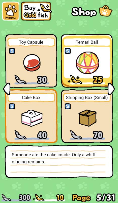 Neko Atsume: Kitty Collector (Android) screenshot: Browsing the shop for exciting new cat toys.
