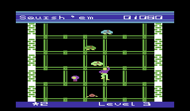 Squish 'em (Commodore 64) screenshot: The weird-looking object is an extra life.
