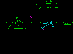 3D Combat Zone (ZX Spectrum) screenshot: The 1st close encounter with a normal tank from the enemy lost fleet.