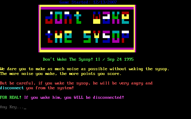 Don't Wake the SysOp (DOS) screenshot: Title screen