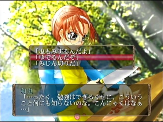 Himitsu: Yui ga Ita Natsu (Dreamcast) screenshot: Sakurako is preparing a meal