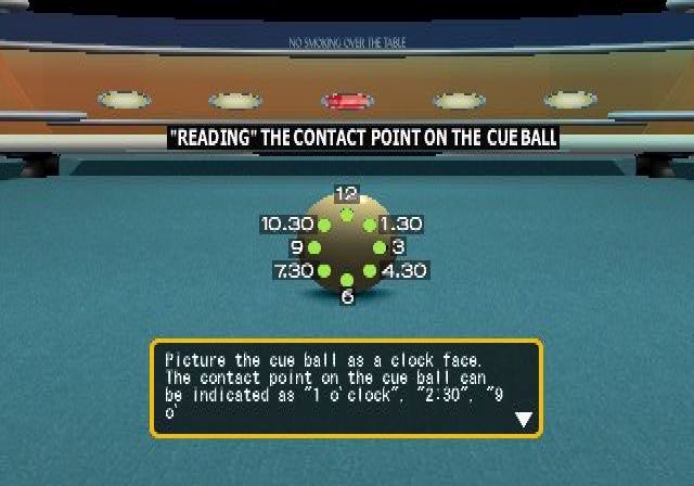 Q-Ball Billiards Master (PlayStation 2) screenshot: The game claims it can improve a players game. This is one of the training screens demonstrating how connecting with the cue ball at different points has an effect on the shot