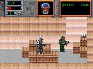 U.R.B.A.N The Cyborg Project (DOS) screenshot: A health pickup, but navigating these crate stacks can be a problem.