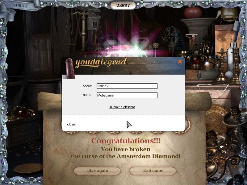 Youda Legend: The Curse of the Amsterdam Diamond (Windows) screenshot: The end of the game.<br>At this point the player has the option of submitting their scores