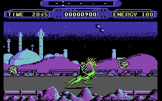 Rimrunner (Commodore 64) screenshot: Blasting some aliens