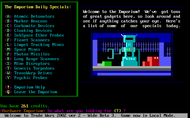 Trade Wars 2002 (DOS) screenshot: Hardware Emporium for special ship capabilities