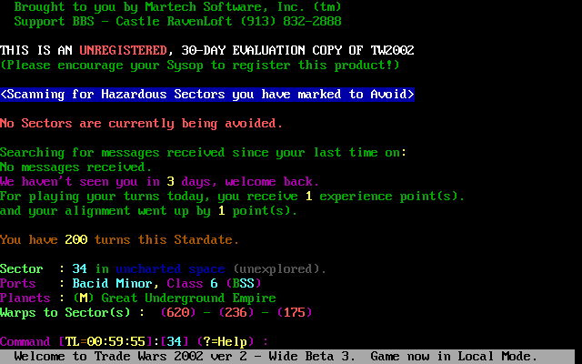 Trade Wars 2002 (DOS) screenshot: Signing in - activity is rewarded