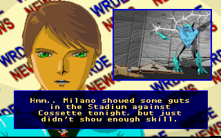 One Must Fall 2097 (DOS) screenshot: Post-fight news broadcast