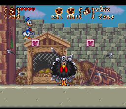 Disney's Magical Quest 3 starring Mickey & Donald (SNES) screenshot: Fighting your first mini-boss - the giant turkey.