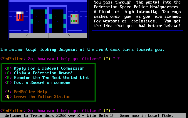 Trade Wars 2002 (DOS) screenshot: Federal Space Police HeadQuarters on the StarDock