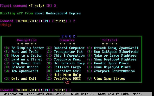 Trade Wars 2002 (DOS) screenshot: Main Menu