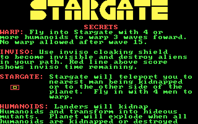 Stargate (PC Booter) screenshot: secret tips!