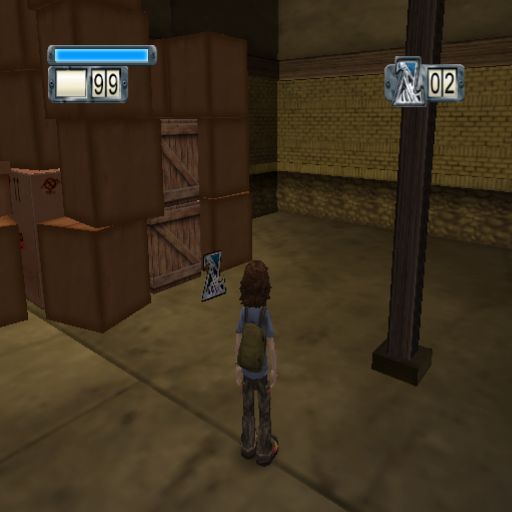 Zathura (PlayStation 2) screenshot: Danny explores the basement and later the rest of the house. Some crates can be destroyed by kicking them. They may/may not have things inside like those big 'Z' tokens