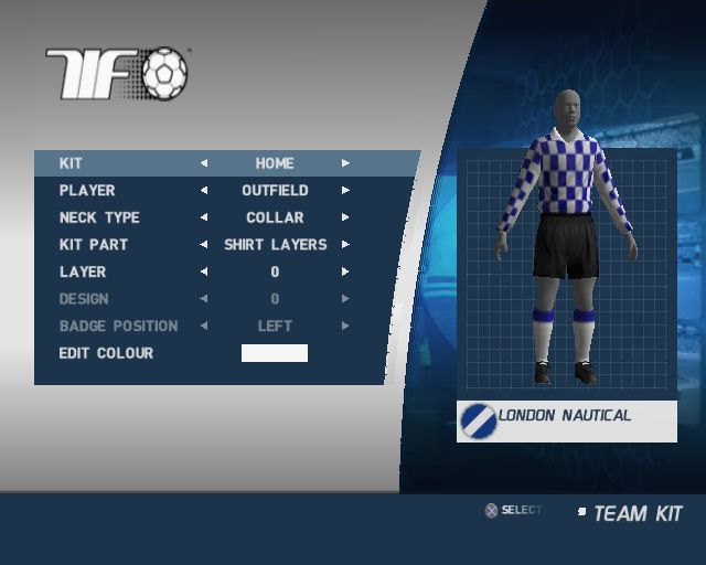 World Tour Soccer 2003 (PlayStation 2) screenshot: UK Retail game<br>Playing in Career mode. The player can customise the team strip, rename the team and/or manager