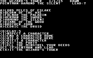 The Eternal Dagger (Commodore 64) screenshot: Character menu in the wizard's tower