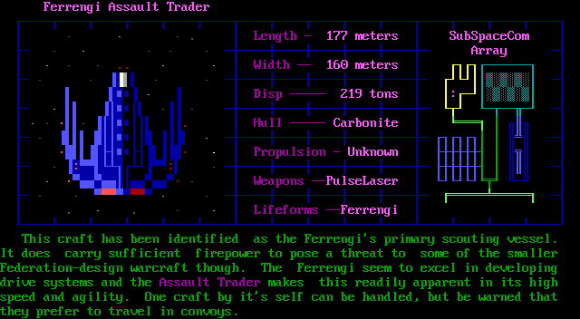 Trade Wars 2002 (DOS) screenshot: Specs on the Ferrengi Assault Trader - NPC-only ship